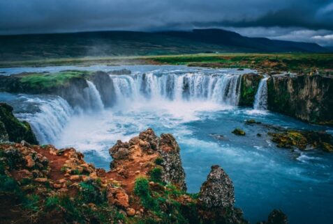 Aerial image Iceland waterfalls spring