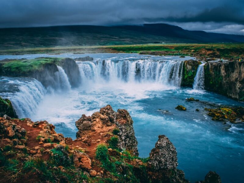 Aerial image Iceland waterfalls spring