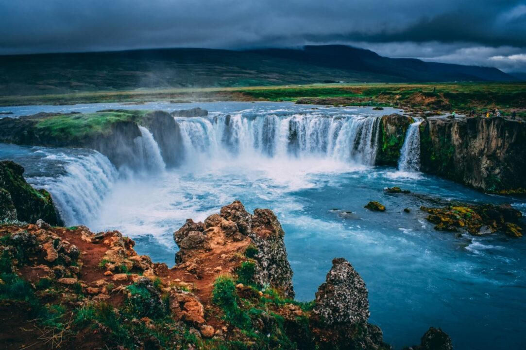 Aerial image Iceland waterfalls spring