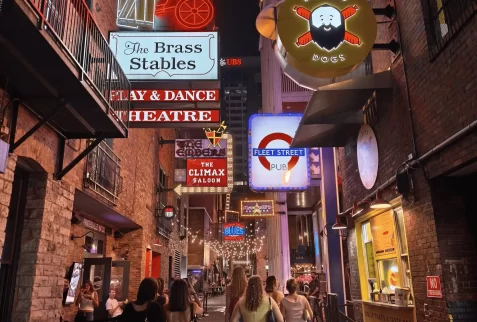 Printers Alley in Nashville illuminated at night with vibrant neon signs for The Brass Stables and Fleet Street Pub as people walk down the alley.