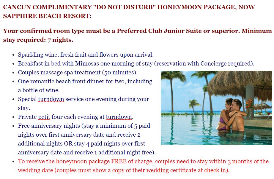 Complimentary honeymoon package Now Sapphire