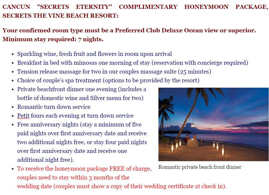 Complimentary honeymoon package Secrets The Vine