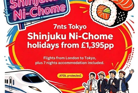 Illustrated Tokyo ATOL protected holiday offer advertising seven nights in Shinjuku Ni-chome from £1,395 per person, including flights from London and accommodation
